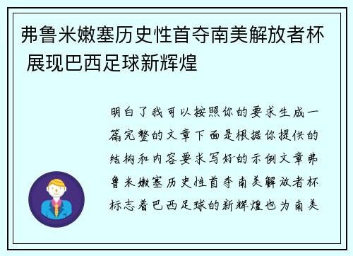 弗鲁米嫩塞历史性首夺南美解放者杯 展现巴西足球新辉煌